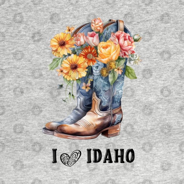 I Love Idaho Boho Cowboy Boots with Flowers Watercolor art by AdrianaHolmesArt